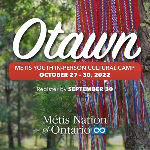 a picture of a metis sash in a forest with text overlaid of information of the Otawn camp