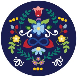 A pattern held within a circle. It includes the colours blue, yellow and various shades of green. The pattern is a floral motif.