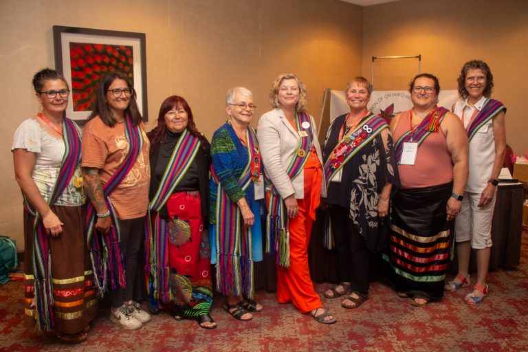 Eight women dressing with Native clothes smiling